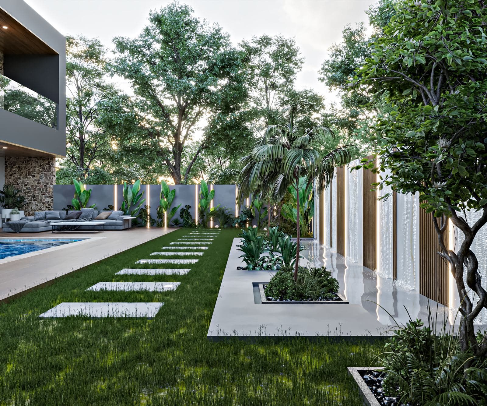Jardin, pas japonais et mur végétal