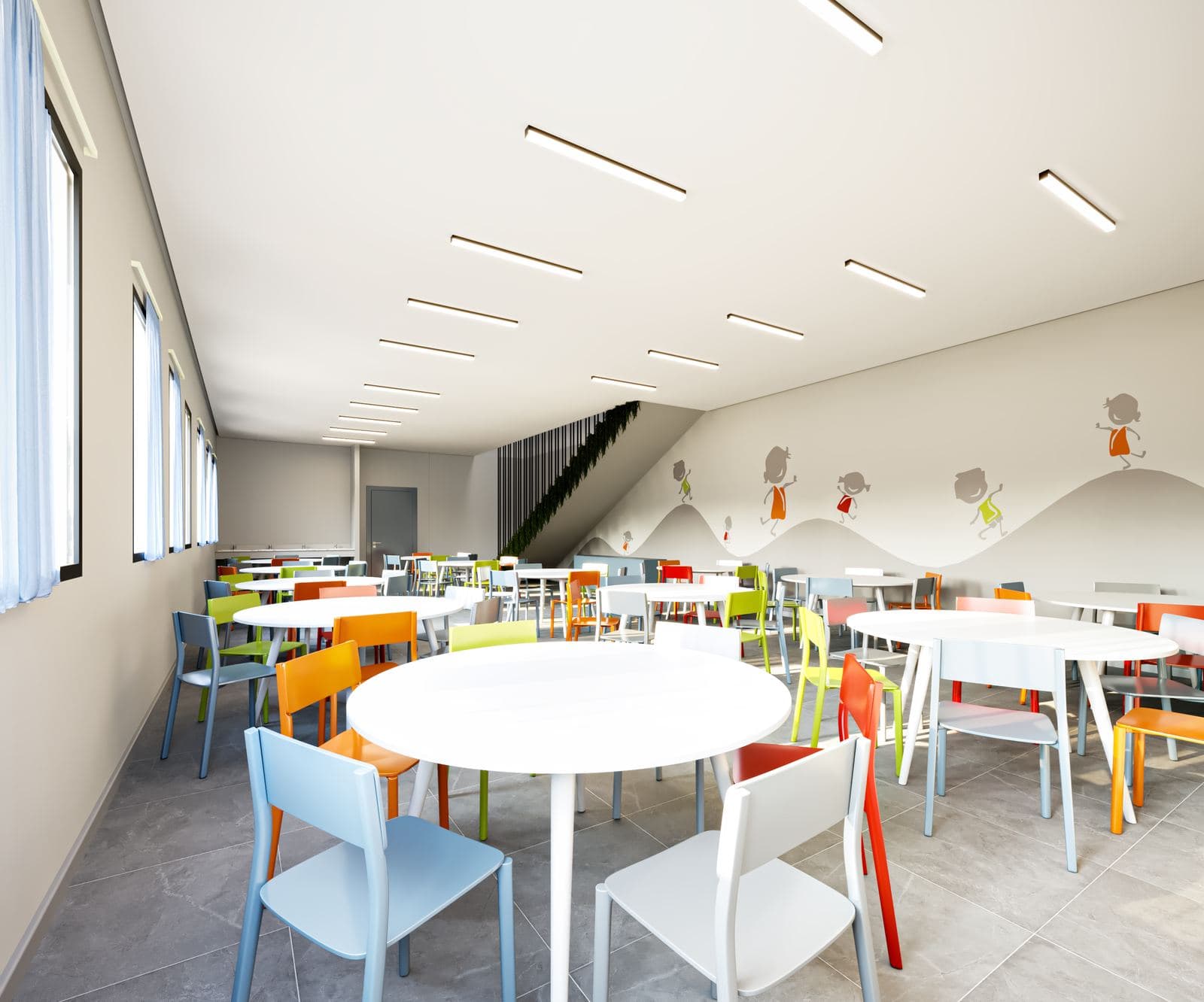 Réfectoire, tables et lumière zénithale